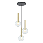 Lampa wisząca Niko 3xG9 w kolorze złotym, składająca się z trzech szklanych kul z białym kloszem, zawieszonych na cienkich, czarnych linkach. Metalowe, złote elementy podkreślają nowoczesny wygląd. Montowana sufitowo.