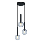 Lampa wisząca Niko z trzema kulistymi kloszami z przezroczystego szkła, zawieszona na czarnych linkach. Metalowy sufitowy uchwyt w kolorze czarnym. W każdym kloszu umieszczona żarówka G9. Prosta forma idealna do nowoczesnych wnętrz.
