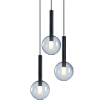 Lampa wisząca Niko z trzema kulistymi kloszami w kolorze przezroczystym, z czarnymi metalowymi detalami. Klosze zawieszone na cienkich linkach, układają się w linię. Źródło światła G9 widoczne w każdym kloszu, na prostym białym tle.