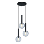 Lampa wisząca Niko z trzema kloszami w kształcie kul, z czarnymi metalowymi uchwytami, zawieszona na cienkich linkach. Klosze są przezroczyste, z widocznymi źródłami światła, montowane na okrągłej podstawie sufitowej.