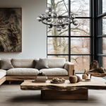 Czarna lampa wisząca Mila z 14 źródłami G9, o nowoczesnym, okrągłym kształcie, zawieszona nad drewnianym stołem w minimalistycznym wnętrzu. W tle duże okna z widokiem na drzewa, jasna kanapa i naturalne dekoracje.