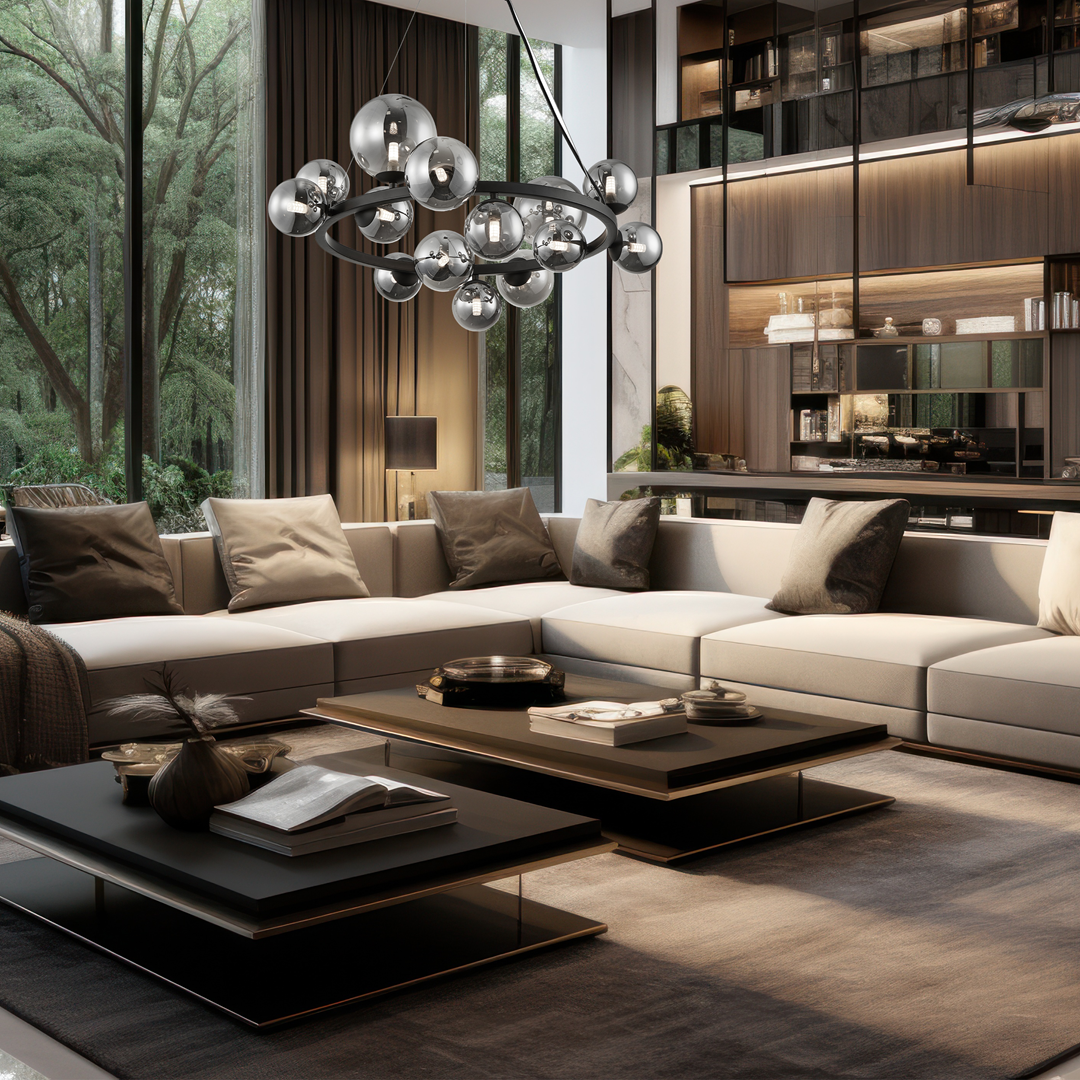 Czarna lampa wisząca Mila z 14 źródłami światła G9, o nowoczesnym designie, zawieszona w eleganckim wnętrzu. Lampa składa się z chromowanych kul, które odbijają światło, tworząc efektowną iluminację.