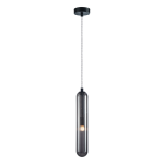 Czarna lampa wisząca Pax z jednym gniazdem G9, zawieszona na cienkim przewodzie. Klosz ma cylindryczny kształt z przezroczystego szkła, ukazując widoczną żarówkę wewnątrz. Montaż sufitowy, minimalistyczny design.