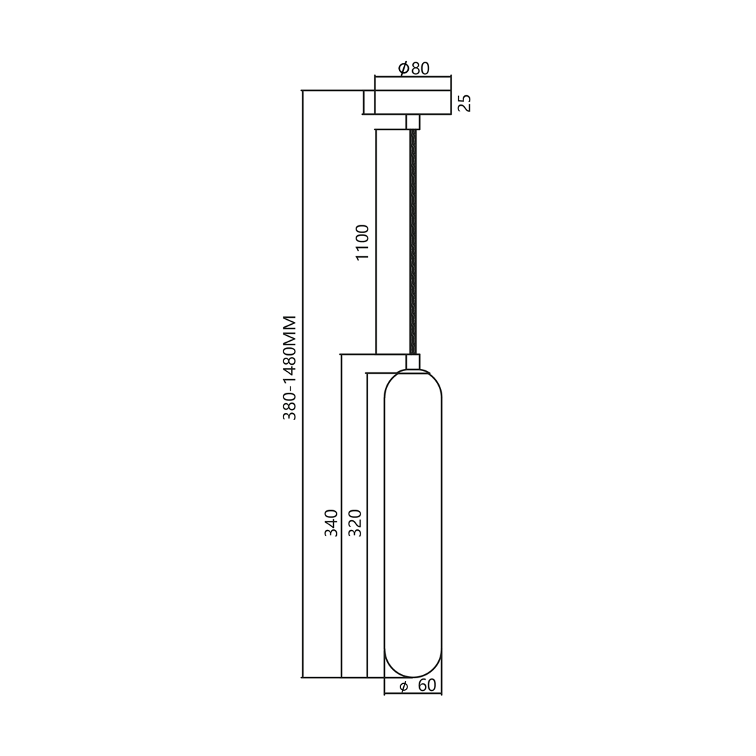 Czarna lampa wisząca Pax z mocowaniem na jedną żarówkę G9. Wymiary: wysokość 380-1480 mm, średnica klosza 60 mm, średnica podstawy 80 mm. Prosty, cylindryczny kształt z metalowym wykończeniem, zawieszona na cienkim kabelku.