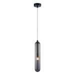 Lampa wisząca Pax w kolorze czarnym z jednym gniazdem G9. Posiada szklany klosz w kształcie cylindrycznym, zawieszona na cienkim przewodzie. Widoczna żarówka w środku, zamontowana na metalowym elemencie.