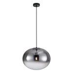 Lampa wisząca Campania 1xE27 w kolorze czarnym, z okrągłym, metalicznym kloszem w odcieniu szaro-srebrnym. Zawieszona na cienkim, czarnym przewodzie, z minimalistycznym sufitem. Idealna do nowoczesnych wnętrz.
