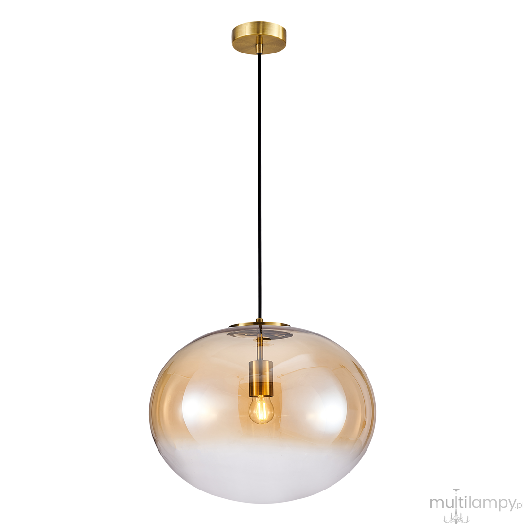 Lampa wisząca Campania, 1xE27, z przezroczystym bursztynowym kloszem w kształcie kuli na czarnym przewodzie. Złoty uchwyt montażowy. Idealna do nowoczesnych wnętrz.