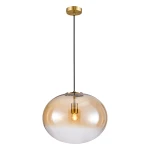 Lampa wisząca Campania, 1xE27, z przezroczystym bursztynowym kloszem w kształcie kuli na czarnym przewodzie. Złoty uchwyt montażowy. Idealna do nowoczesnych wnętrz.