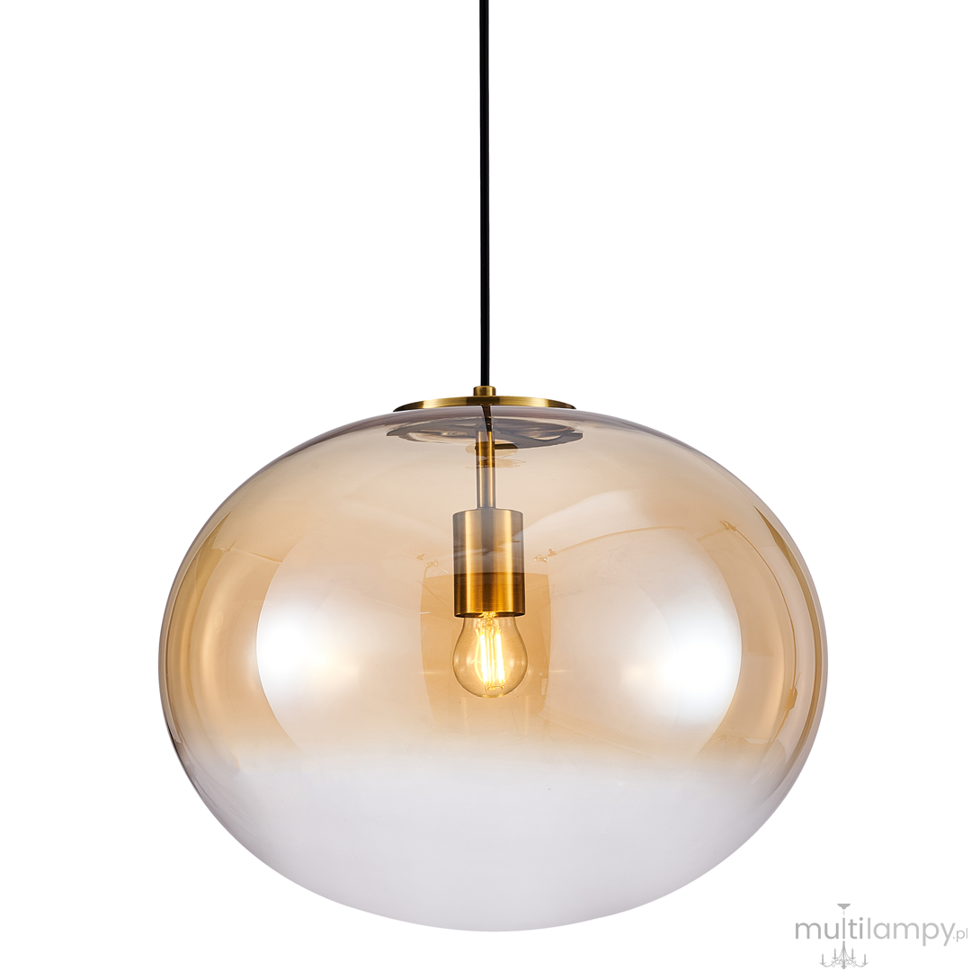 Lampa wisząca Campania z jedną żarówką E27, o okrągłym kształcie, z bursztynowego, przezroczystego szkła z dolną białą częścią. Złote wykończenie u podstawy, zawieszona na czarnym przewodzie. Stojąca w górze, na jednolitym tle.