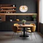 Lampa wisząca Campania 1xE27 w złotym i bursztynowym kolorze, okrągła, zawieszona nad okrągłym drewnianym stołem, otoczona żółtymi krzesłami w nowoczesnej kuchni z ciemnymi szafkami i minimalistycznym wystrojem.