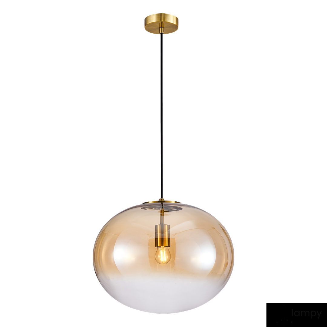 Lampa wisząca Campania 1xE27 w kolorze złotym z bursztynowym kloszem. Okrągły kształt, zawieszona na cienkim, czarnym przewodzie. Przeznaczona do montażu sufitowego, idealna do nowoczesnych wnętrz.