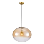 Lampa wisząca Campania 1xE27 w kolorze złotym z bursztynowym kloszem. Okrągły kształt, zawieszona na cienkim, czarnym przewodzie. Przeznaczona do montażu sufitowego, idealna do nowoczesnych wnętrz.