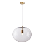 Lampa wisząca Campania z pojedynczym gniazdem E27, złota podsufitka, przezroczysta kula ze szkła. Produkt zawieszony na cienkim, przezroczystym przewodzie, ukazujący elegancki design i minimalistyczny styl.