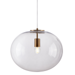 Lampa wisząca Campania z przezroczystym kloszem w kształcie kuli i złotym uchwytem na żarówkę E27. Zawieszona na cienkim, przezroczystym sznurze, prezentuje minimalistyczny design, idealna do nowoczesnych wnętrz.