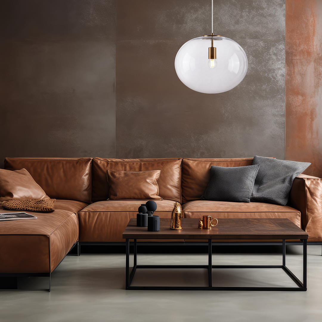 Lampa wisząca Campania 1xE27 w złotym wykończeniu z transparentnym kloszem, zawieszona nad brązową skórzaną sofą w nowoczesnym wnętrzu. W tle widoczna ściana w odcieniach brązu, tworząca elegancką aranżację.