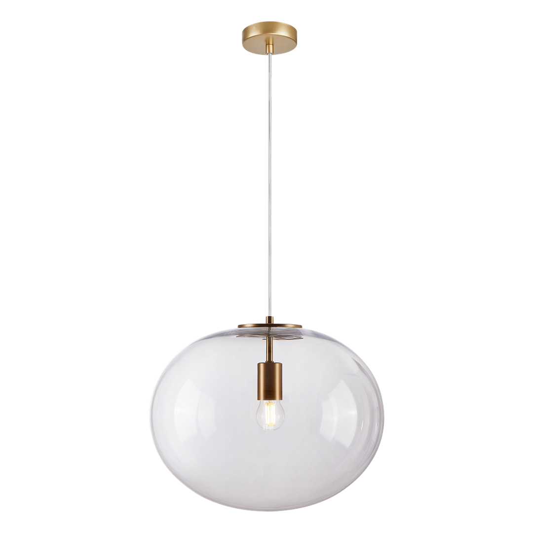 Lampa wisząca Campania 1xE27 w kolorze złotym z przezroczystym kloszem w kształcie dużej kuli. Zawieszona na cienkim, przezroczystym przewodzie, z metalowym mocowaniem u góry. Idealna do nowoczesnych wnętrz.