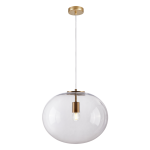 Lampa wisząca Campania 1xE27 w kolorze złotym z przezroczystym kloszem w kształcie dużej kuli. Zawieszona na cienkim, przezroczystym przewodzie, z metalowym mocowaniem u góry. Idealna do nowoczesnych wnętrz.