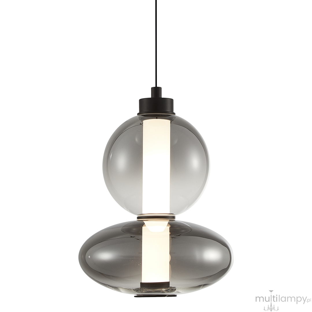 Lampa wisząca Daphne z czarnym wykończeniem, składająca się z dwóch szklanych kul w odcieniu ciemnoszarym, z centralnym elementem LED o białym świetle. Wisi na cienkim przewodzie, oferując nowoczesny design, idealna do wnętrz.