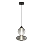 Lampa wisząca Daphne w kolorze czarnym, z jedną żarówką LED 12W. Posiada podwójne klosze w kształcie kul, z przezroczystego szkła, oraz prostą, poziomą oprawę w centralnej części. Zawieszona na cienkim, czarnym przewodzie.
