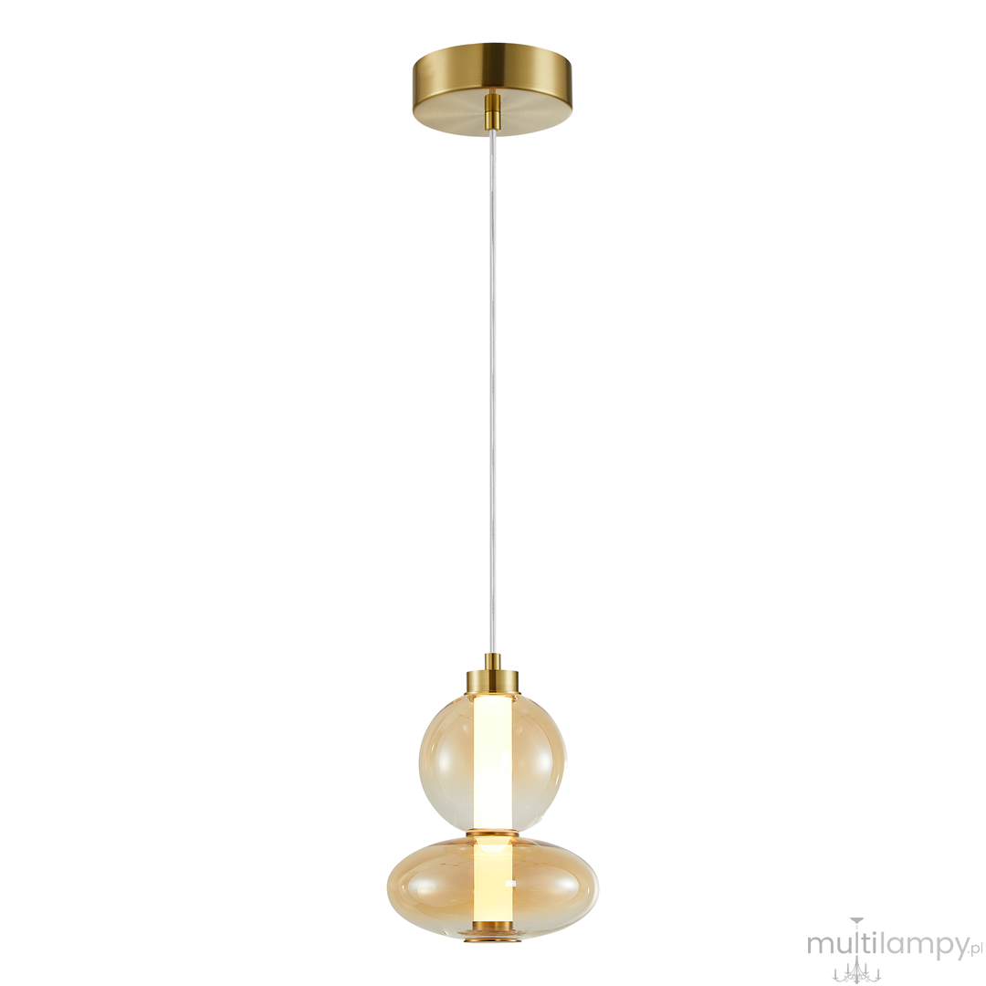 Lampa wisząca Daphne w kolorze złotym, z jednym źródłem światła LED 12W. Ma przezroczyste, okrągłe klosze i elegancką, metalową osłonę sufitową. Zawieszona na cienkim, przezroczystym przewodzie.