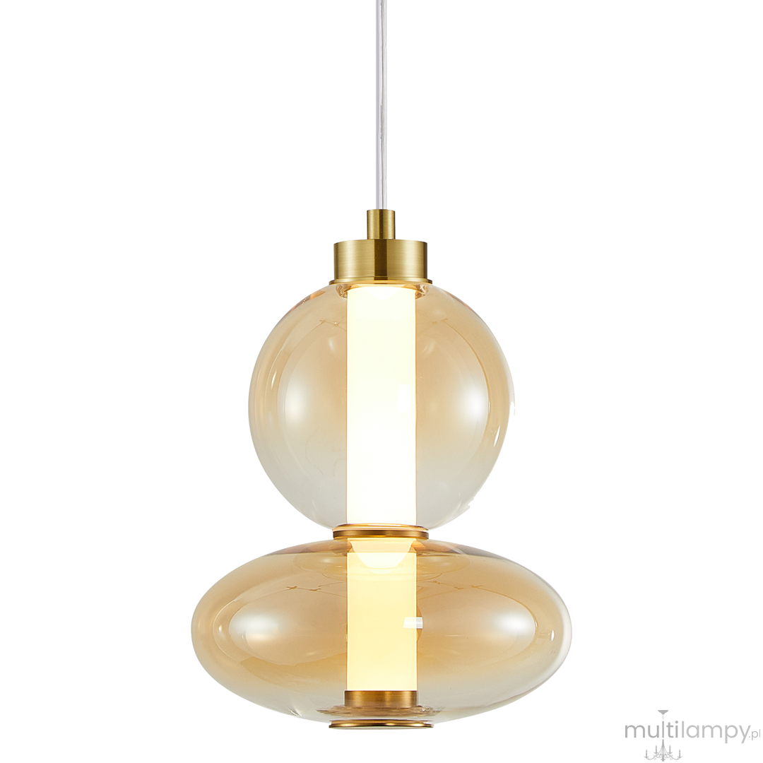 Lampa wisząca Daphne z jednym źródłem LED o mocy 12W w złotym wykończeniu. Składa się z dwóch szklanych kul o przezroczystym bursztynowym kolorze, z centralnym białym elementem. Zawieszona na cienkim przewodzie.