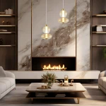 Lampa wisząca Daphne w kolorze złotym z jednym źródłem LED 12W, z podwójną szklaną kloszem o okrągłym kształcie. Zawieszona w eleganckim wnętrzu, nad stolikiem kawowym, z widocznym kominkiem w tle.
