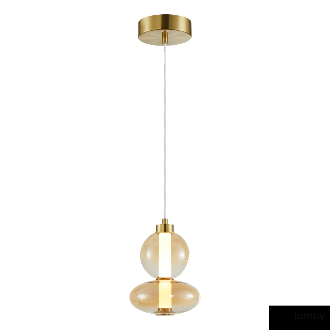 Lampa wisząca Daphne w kolorze złotym z 1xLED/12W, z długim przewodem, z oprawą o kształcie dwóch połączonych kul. Górna część ma gładką, metaliczną powierzchnię, a dolna jest przezroczysta, co tworzy elegancki efekt świetlny.