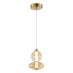 Lampa wisząca Daphne w kolorze złotym z 1xLED/12W, z długim przewodem, z oprawą o kształcie dwóch połączonych kul. Górna część ma gładką, metaliczną powierzchnię, a dolna jest przezroczysta, co tworzy elegancki efekt świetlny.