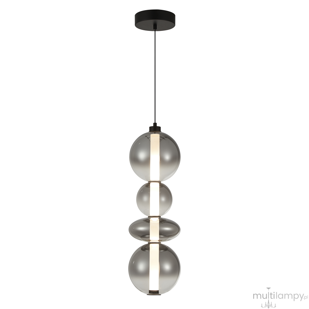 Lampa wisząca Daphne z jednym źródłem LED o mocy 36W, w kolorze czarnym. Składa się z trzech szklanych kul w odcieniach szarości, zawieszonych na cienkim przewodzie, z okrągłym mocowaniem sufitowym.