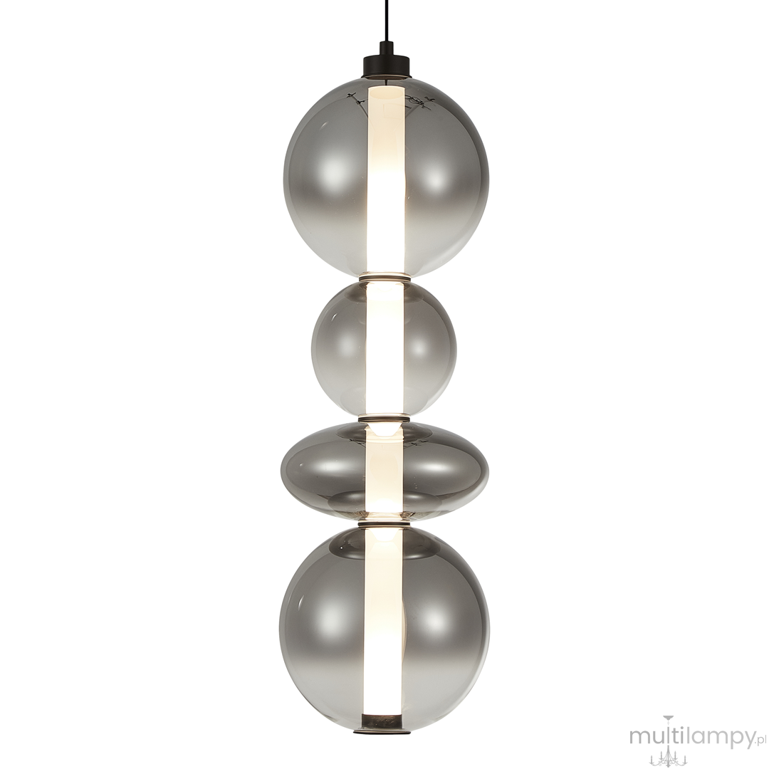Lampa wisząca Daphne, czarna, z jedną żarówką LED o mocy 36W. Składa się z trzech półprzezroczystych kul oraz prostokątnego elementu świetlnego. Zawieszona na cienkim przewodzie, idealna do nowoczesnych wnętrz.