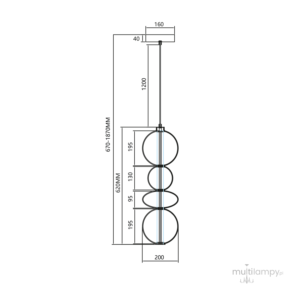 Lampa wisząca Daphne w kolorze czarnym, z jedną diodą LED o mocy 36W. Posiada nowoczesny design z trzema okrągłymi elementami. Wymiary: długość 1200 mm, szerokość 200 mm, wysokość regulowana od 670 do 1870 mm.