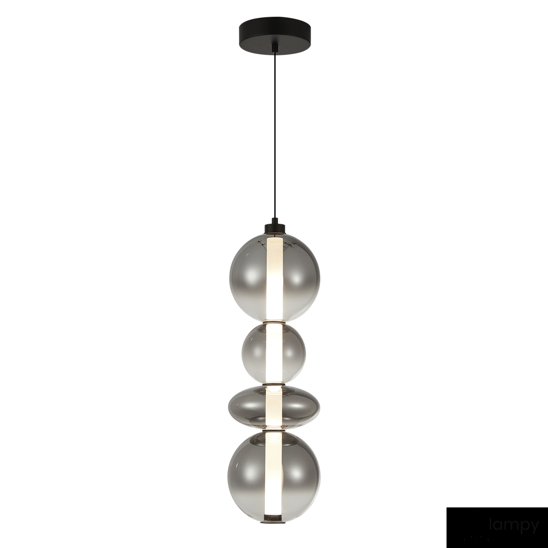 Lampa wisząca Daphne w kolorze czarnym, składająca się z trzech przezroczystych kul szklanych na czarnym przewodzie. Kule są połączone pionowo, z centralnym źródłem światła LED, tworząc nowoczesny design.