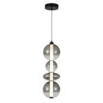 Lampa wisząca Daphne w kolorze czarnym, składająca się z trzech przezroczystych kul szklanych na czarnym przewodzie. Kule są połączone pionowo, z centralnym źródłem światła LED, tworząc nowoczesny design.