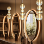 Lampa wisząca Daphne w kolorze złotym, z jednym źródłem LED 36W. Składa się z trzech szklanych kul w odcieniach bursztynu, zawieszona w eleganckim otoczeniu z lustrami, na tle ciepłego, złotego wykończenia.