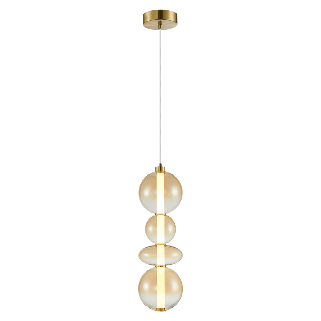 Lampa wisząca Daphne z jednym źródłem LED o mocy 36W, w złotym kolorze. Składa się z trzech szklanych kul w odcieniach kremowych, zawieszona na cienkim, białym przewodzie, z metalowym mocowaniem sufitowym.