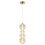 Lampa wisząca Daphne z jednym źródłem LED o mocy 36W, w złotym kolorze. Składa się z trzech szklanych kul w odcieniach kremowych, zawieszona na cienkim, białym przewodzie, z metalowym mocowaniem sufitowym.