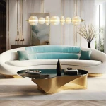 Złota lampa wisząca Daphne z jedną żarówką LED 40W, umieszczona nad nowoczesną sofą. Składa się z pięciu okrągłych kloszy w odcieniu białym, zawieszonych na metalowym stelażu. W tle widoczna elegancka aranżacja wnętrza z roślinami i obrazem.