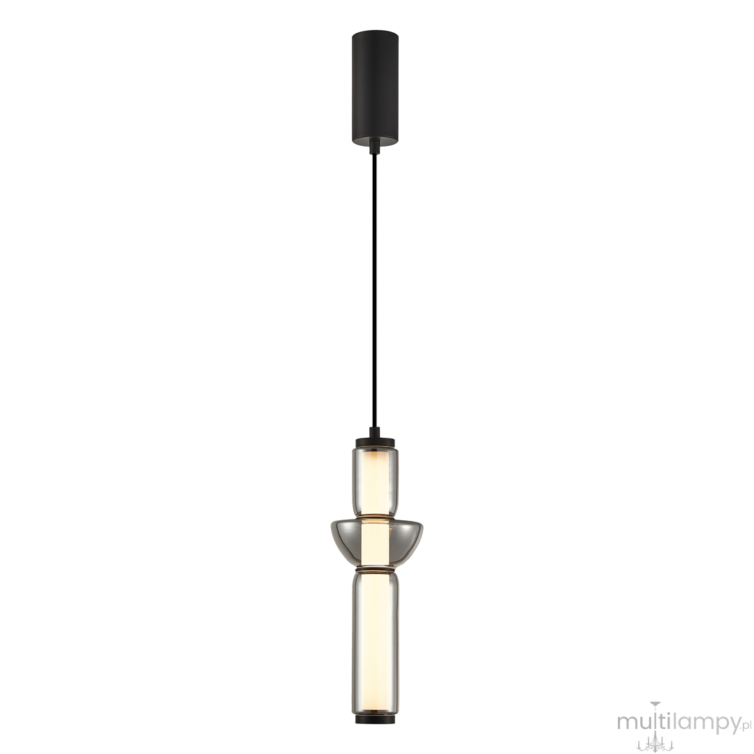 Czarna lampa wisząca Campo z pojedynczym źródłem światła LED o mocy 19W, zawieszona na cienkim, czarnym przewodzie. Szklana obudowa w kształcie cylindrycznym z dekoracyjnymi elementami, umieszczona na prostokątnym mocowaniu.