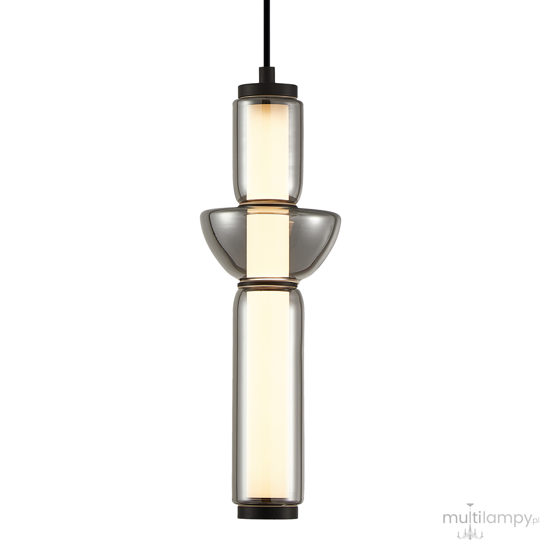 Lampa wisząca Campo w kolorze czarnym, wykonana z przezroczystego szkła. Posiada cylindryczny kształt z dekoracyjnymi elementami, w tym oświetleniem LED o mocy 19W. Zawieszona na czarnym kablu, prezentuje nowoczesny design.