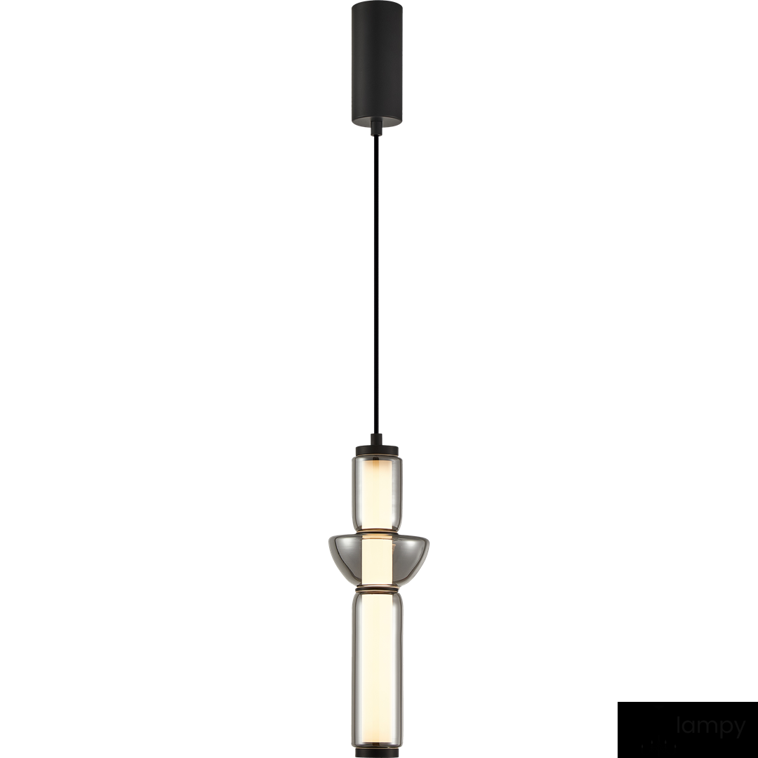 Lampa wisząca Campo z jedną diodą LED 19W, czarna, z okrągłym, matowym kloszem i przezroczystymi elementami. Zawieszona na cienkim, czarnym kablu, z prostokątnym, czarnym mocowaniem sufitowym. Idealna do nowoczesnych wnętrz.