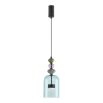 Lampa wisząca Arte w kolorze czarnym i niebieskim, z przyciemnionym kloszem w kształcie dzwonu. Ma dekoracyjne elementy w odcieniach zieleni i fioletu, zawieszona na czarnym kablu. Widok frontalny, wisząca pod sufitem.