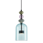 Lampa wisząca Arte z jedną żarówką LED 12W, z przezroczystym kloszem w odcieniu niebieskim, ozdobiona kolorowymi elementami z ceramiki. Powieszone na czarnym przewodzie, z metalowym detalem w dolnej części.