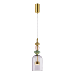 Lampa wisząca Arte z jedną żarówką LED 12W w kolorze mosiądzu i fioletowym. Szklany klosz w kształcie dzwonu, zdobiony elementami w odcieniach zieleni i różu, zawieszona na cienkim, białym przewodzie.