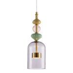 Lampa wisząca Arte z mosiężnymi elementami i fioletowym kloszem. Zawiera ozdobne detale w kolorach zielonym, różowym oraz złotym. Klosz ma formę cylindryczną, a lampa jest zawieszona na cienkim przewodzie. Idealna do nowoczesnych wnętrz.