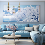Lampa wisząca Arte z 1 żarówką LED 12W, wykonana z mosiądzu i fioletowego szkła, zawieszona na cienkim sznurku. Produkt ma nowoczesny design i jest umieszczony w jasnym wnętrzu z niebieską sofą oraz dekoracyjnym obrazem w tle.