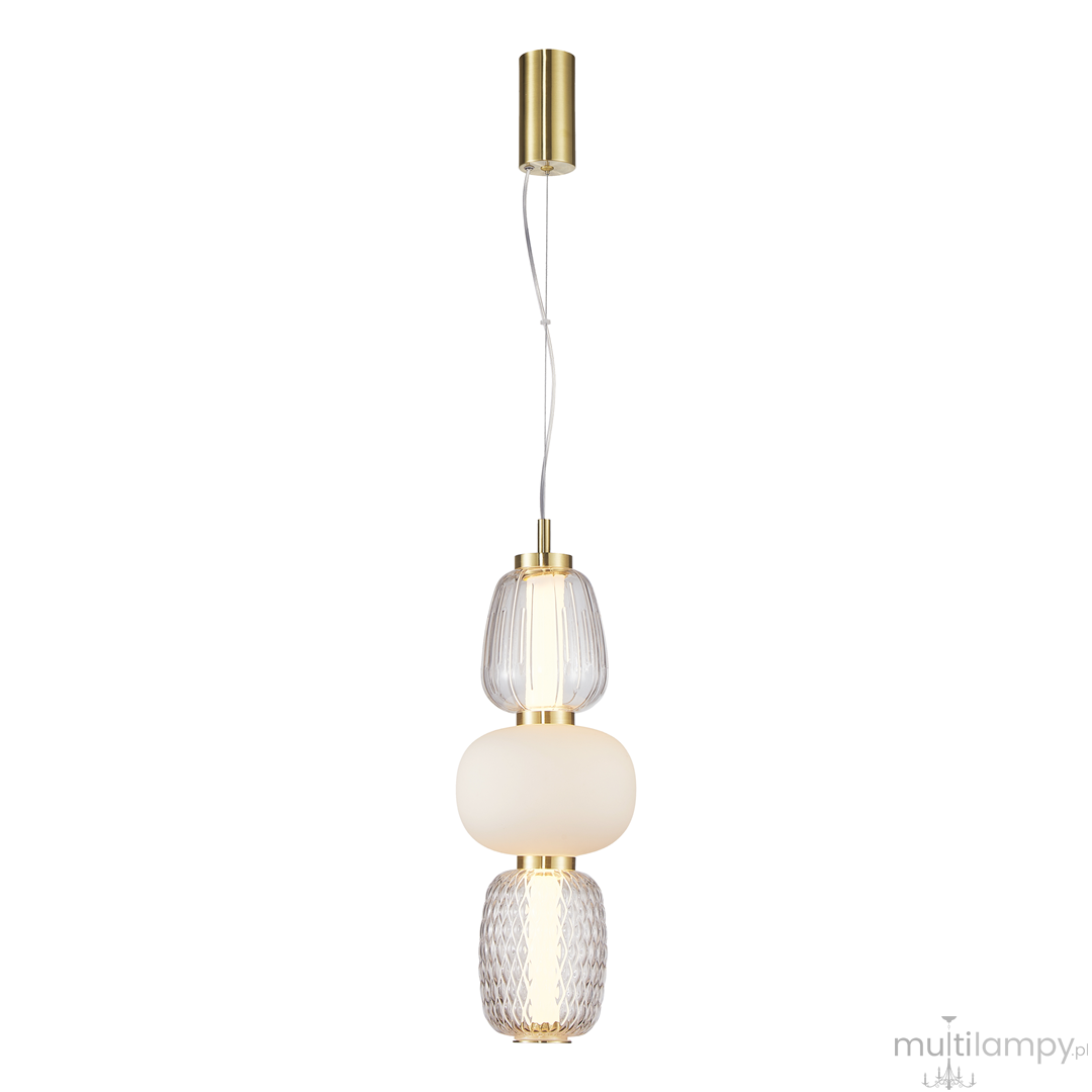 Lampa wisząca Caro z jednym źródłem LED 28W, złota, z trzema różnymi kloszami: przezroczystym szklanym, matowym białym i strukturalnym, montowana na kablu, wisząca w pionie na białym tle.