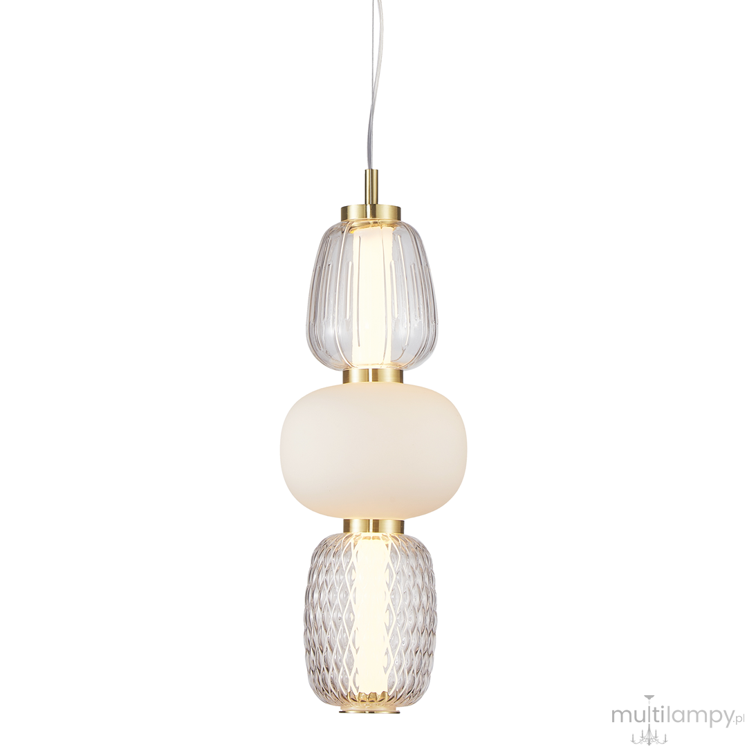 Lampa wisząca Caro z jednym źródłem LED 28W, w złotej oprawie. Składa się z trzech akrylowych kloszy: górny przezroczysty, środkowy matowy, dolny z fakturowanego szkła. Zawieszona na cienkim przewodzie, prezentuje nowoczesny design.