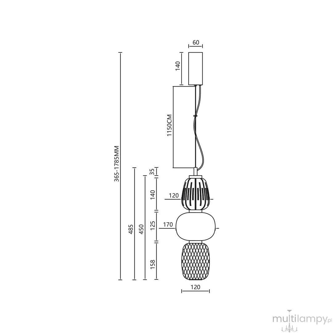 Lampa wisząca Caro z pojedynczym źródłem LED 28W w kolorze złotym. Wymiary: wysokość 365-785 mm, średnica 120 mm. Posiada dekoracyjny klosz z siatki i gładką, okrągłą podstawę. Kable w kolorze złotym.