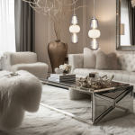 Lampa wisząca Caro z chromowanym wykończeniem, posiadająca trzy klosze: przezroczysty, biały i wzorzysty. Zawieszona w eleganckim wnętrzu, obok białych mebli oraz dekoracyjnych elementów. Idealna do nowoczesnych aranżacji.