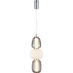 Lampa wisząca Caro z jednym źródłem LED 28W w chromowanej oprawie. Składa się z trzech różnokolorowych kloszy: przezroczystego, białego i teksturowanego, zawieszona na cienkim przewodzie. Idealna do nowoczesnych wnętrz.